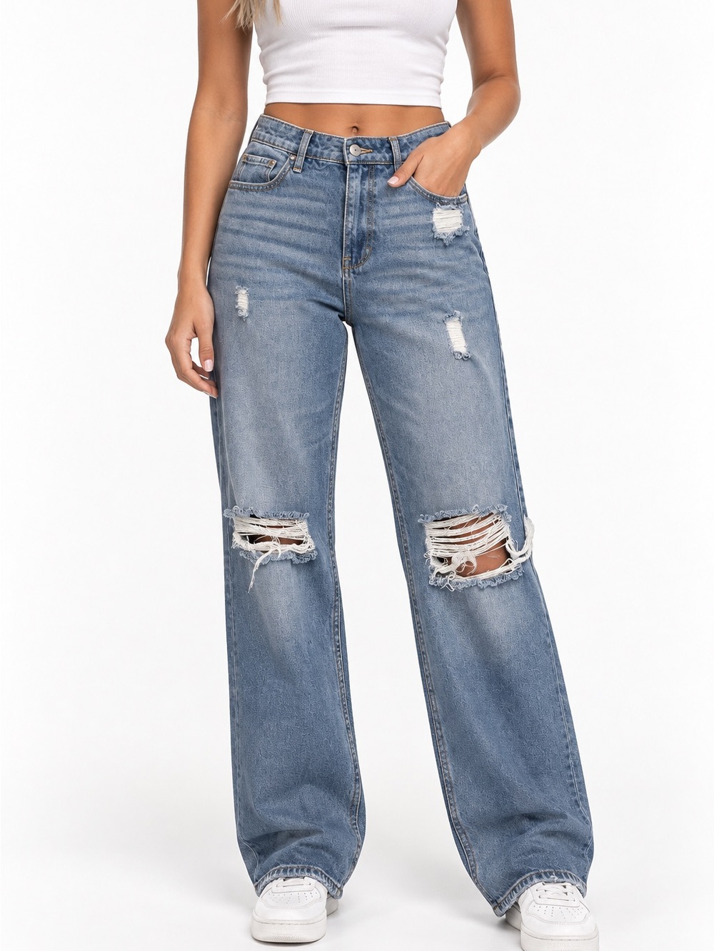 Hollister Light Blue High-Rise Distressed Wide-Leg Jeans